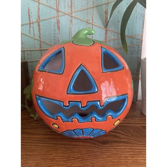 Talavera Jack-o'-Lantern Pumpkin Handcrafted Floral Mexican Blue Orange Pottery - Picture 1 of 12